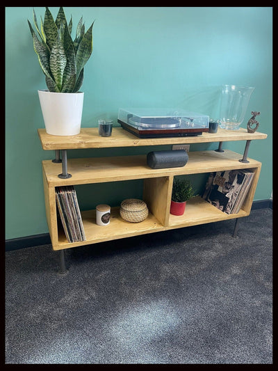 Rustic Solid Wood Record Player Stand with Vinyl Storage