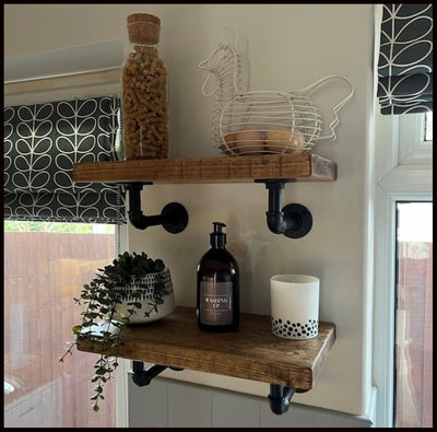 Rustic Solid Wood shelf c/w Industrial Black Pipe Brackets